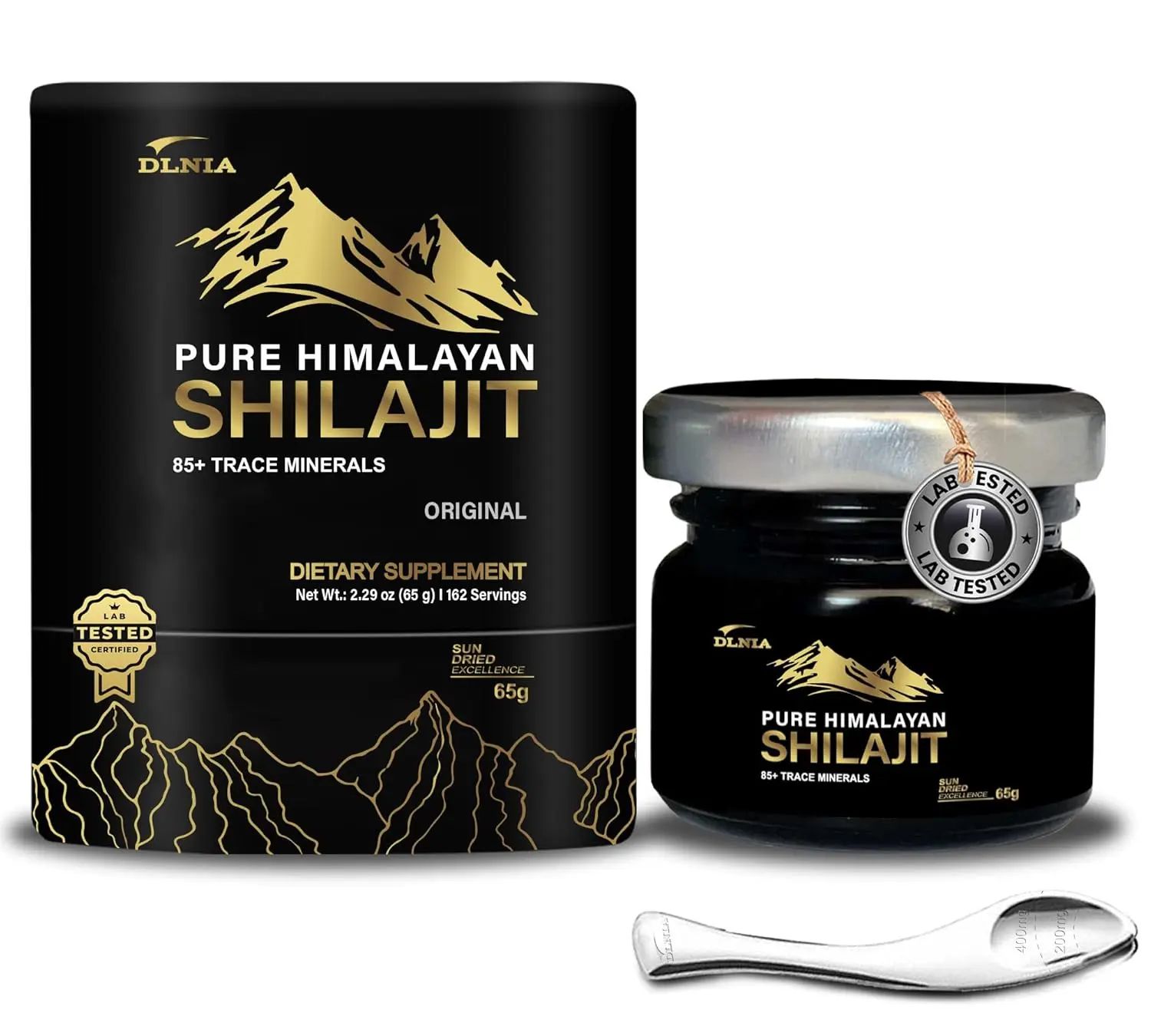 Jar of pure Himalayan Shilajit resin, an organic supplement with over 85 trace minerals like fulvic acid and zinc, sourced from high altitudes for improved energy and overall well-being.