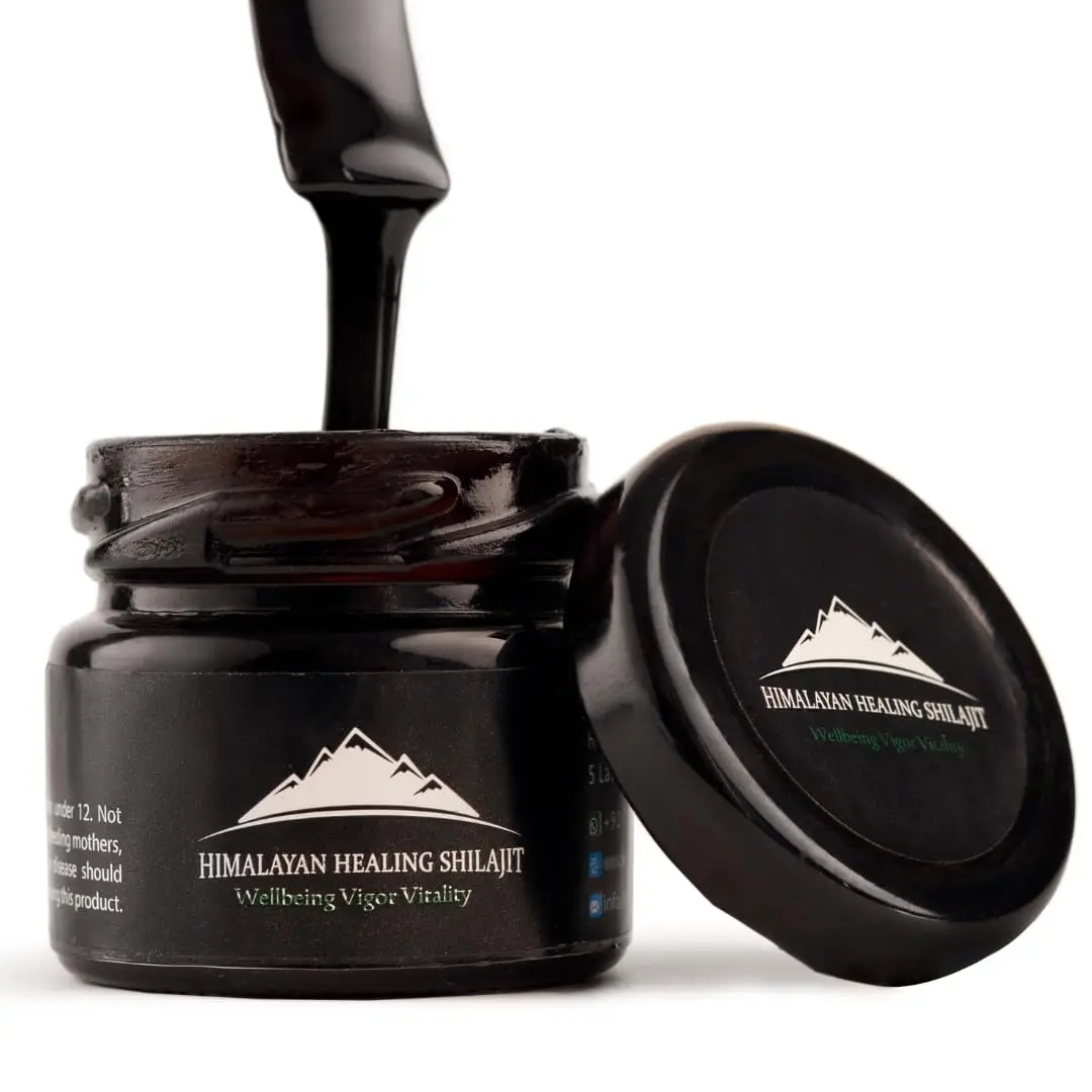 This is a close-up image of sun-dried Himalayan Shilajit resin, ethically harvested and third-party tested for purity, showcasing its rich mineral content and gold quality.