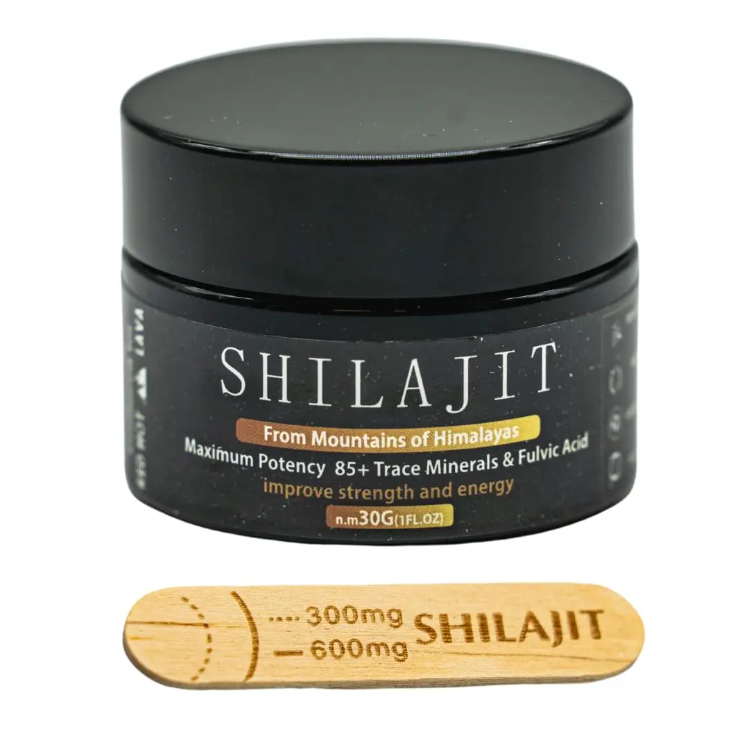 Potent Himalayan Shilajit resin rich in fulvic acid and trace minerals promotes vitality, energy, cognitive function, and overall well-being.