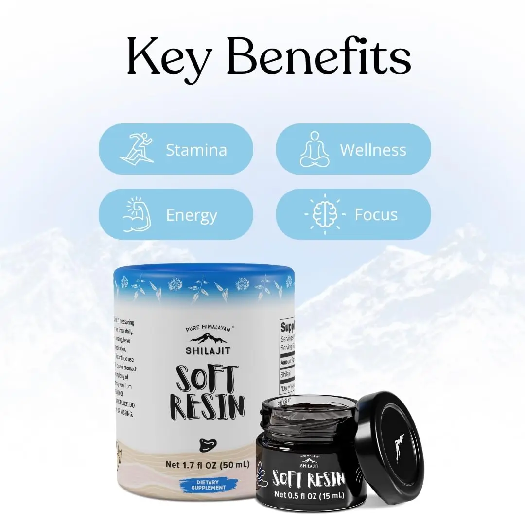 Jar of pure Himalayan Shilajit resin harvested at 16,000+ ft, with 85+ trace minerals and fulvic acid, includes measuring spoon.