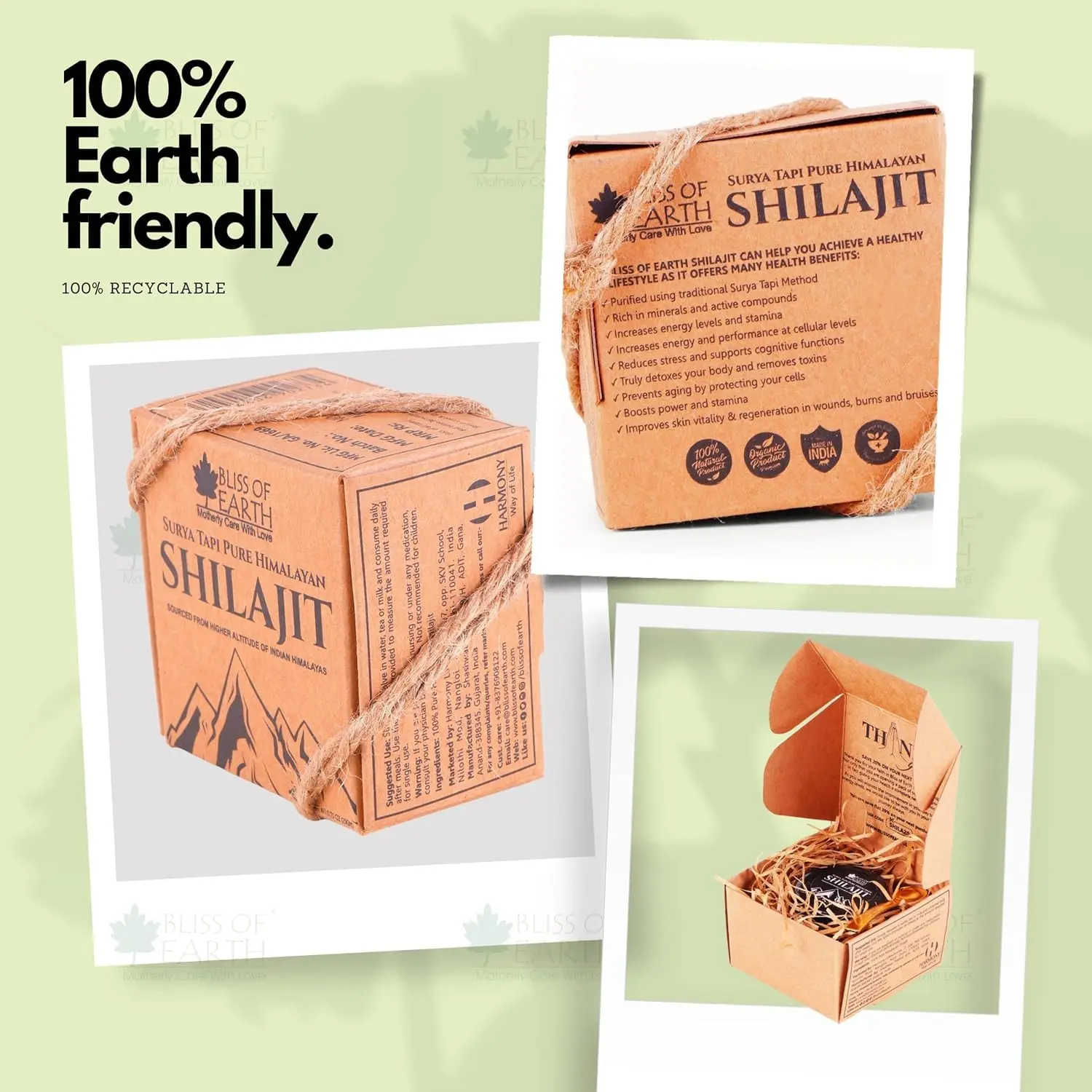 This jar contains Bliss of Earth pure Himalayan Shilajit resin, a natural supplement rich in fulvic acid, traditionally used to support energy, stamina, focus, and nutrient absorption for an active lifestyle.