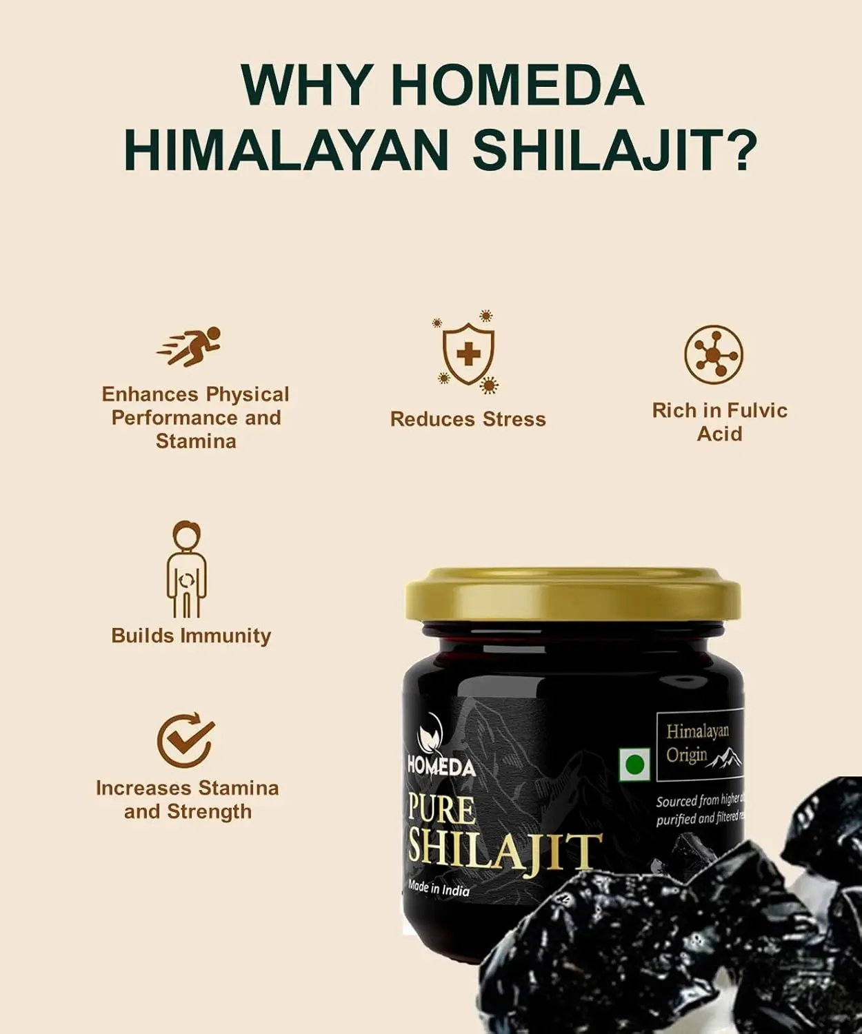 This is a jar of pure Himalayan Shilajit resin, sourced from high altitudes and rich in fulvic acid and minerals, offering a natural way to boost energy, immunity, and overall health for men and women.