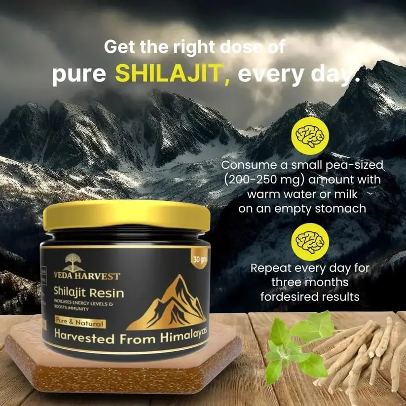 Veda Harvest Himalayan Shilajit resin sourced from 18500 ft, a natural energy booster with fulvic acid for strength, stamina, and performance for men and women.