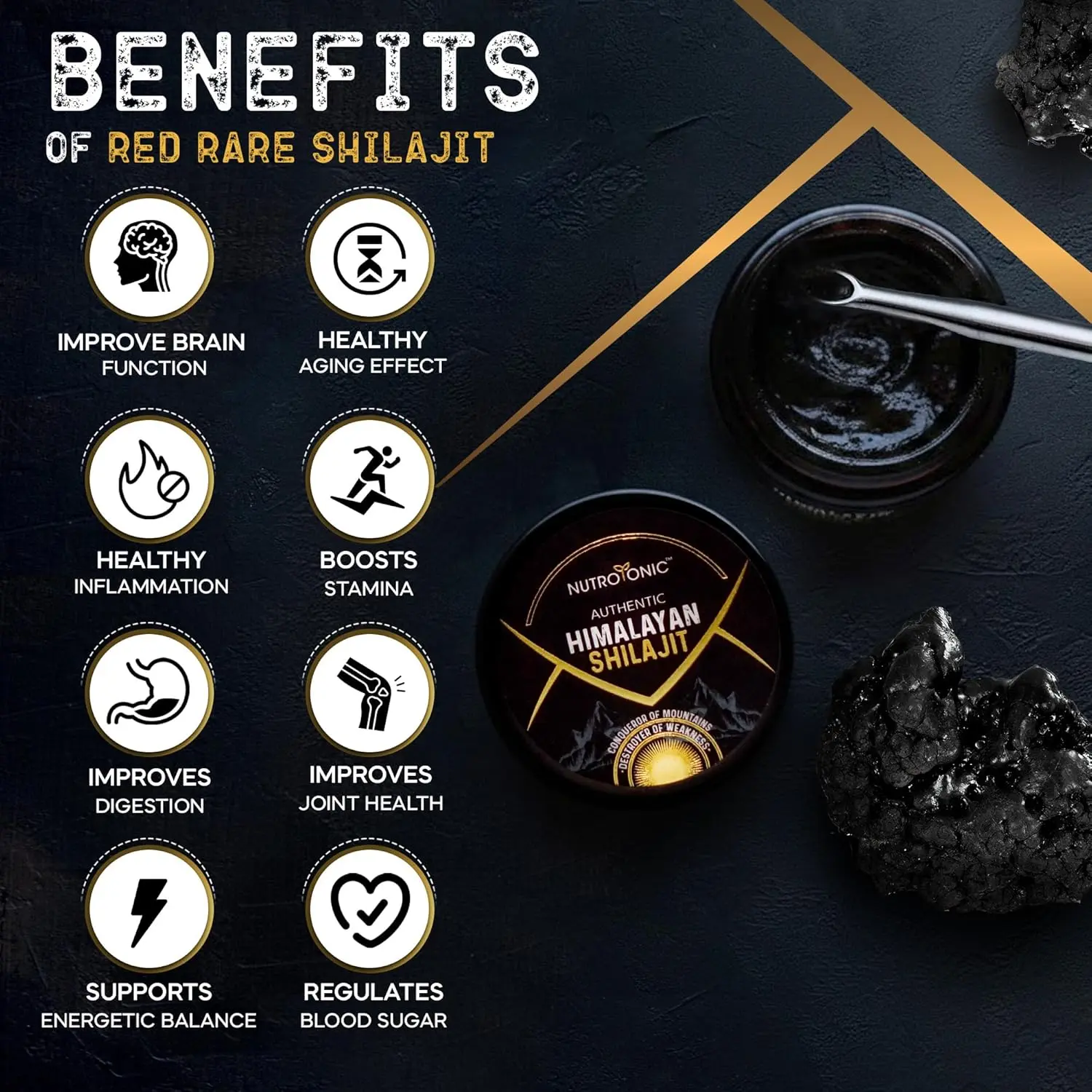 NutroTonic authentic Himalayan Shilajit resin is carefully sun-dried for 60 days, ensuring the highest potency and bioavailability for heart health, immunity, and athletic performance.