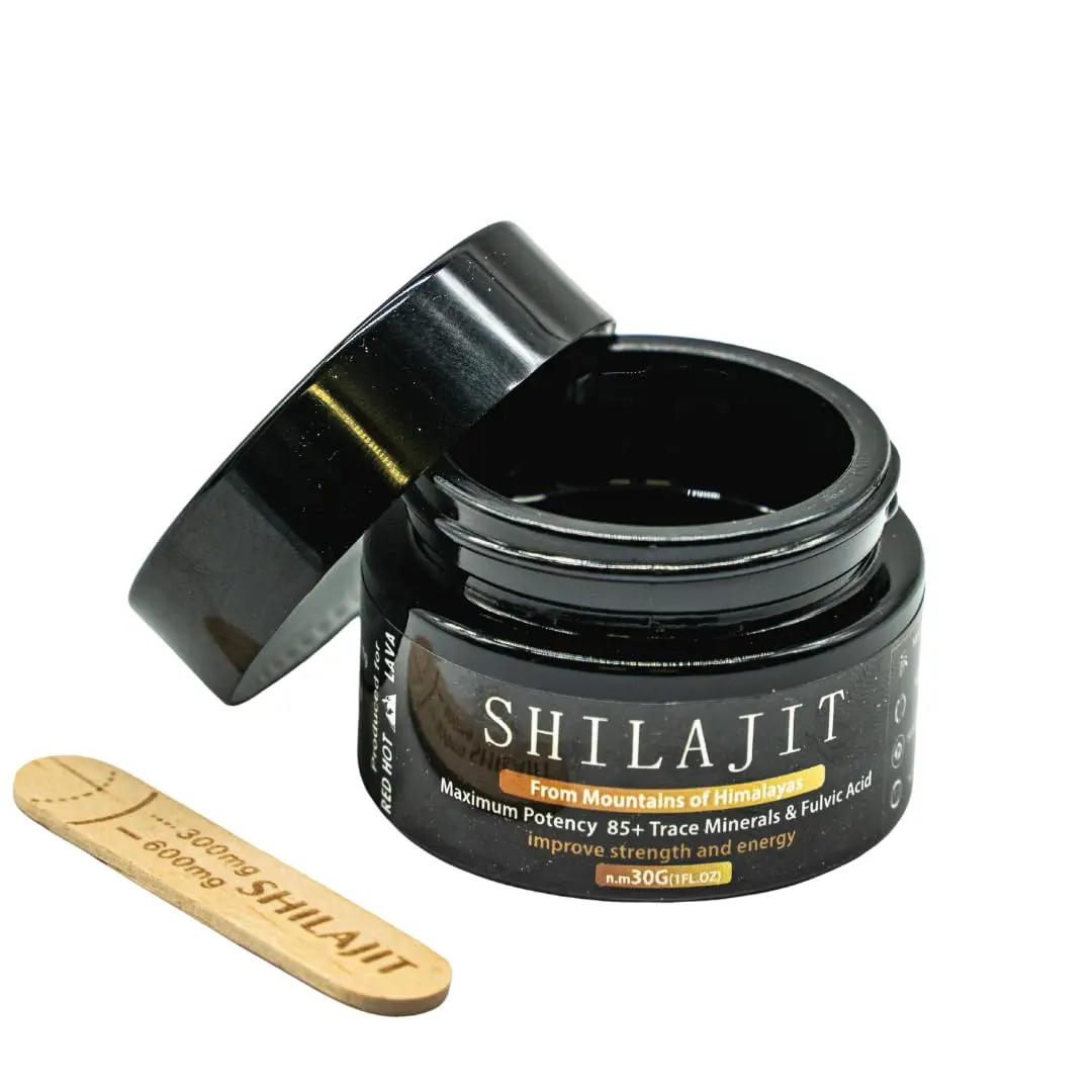 Potent Himalayan Shilajit resin rich in fulvic acid and trace minerals promotes vitality, energy, cognitive function, and overall well-being.