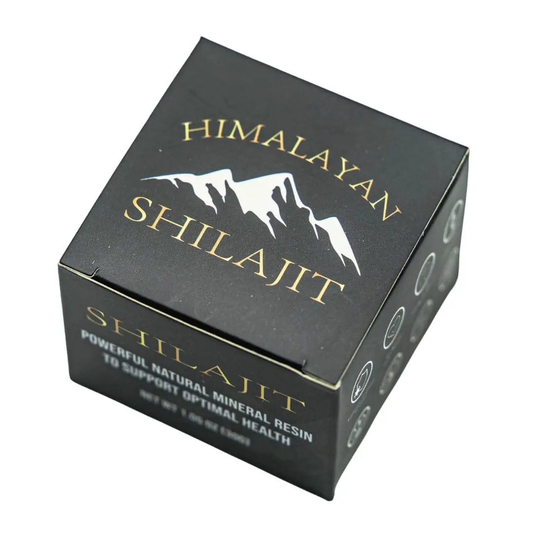 Potent Himalayan Shilajit resin rich in fulvic acid and trace minerals promotes vitality, energy, cognitive function, and overall well-being.