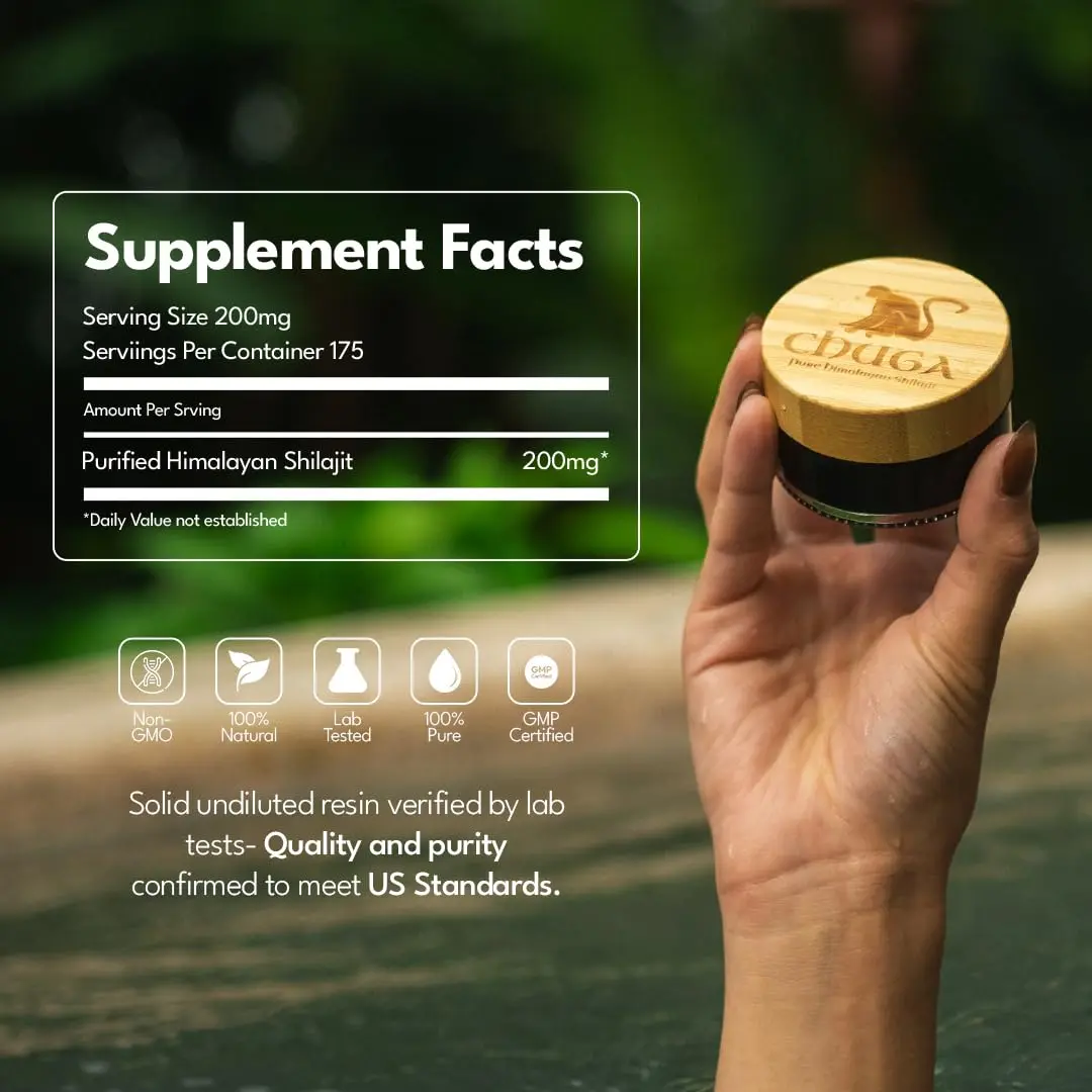 Two jars of Chuga's pure Himalayan Shilajit resin, harvested at 16,000 feet and lab tested for purity with 88.9% fulvic acid content, are shown.