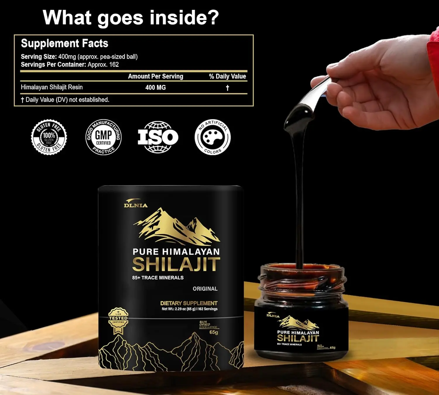 Jar of pure Himalayan Shilajit resin, an organic supplement with over 85 trace minerals like fulvic acid and zinc, sourced from high altitudes for improved energy and overall well-being.