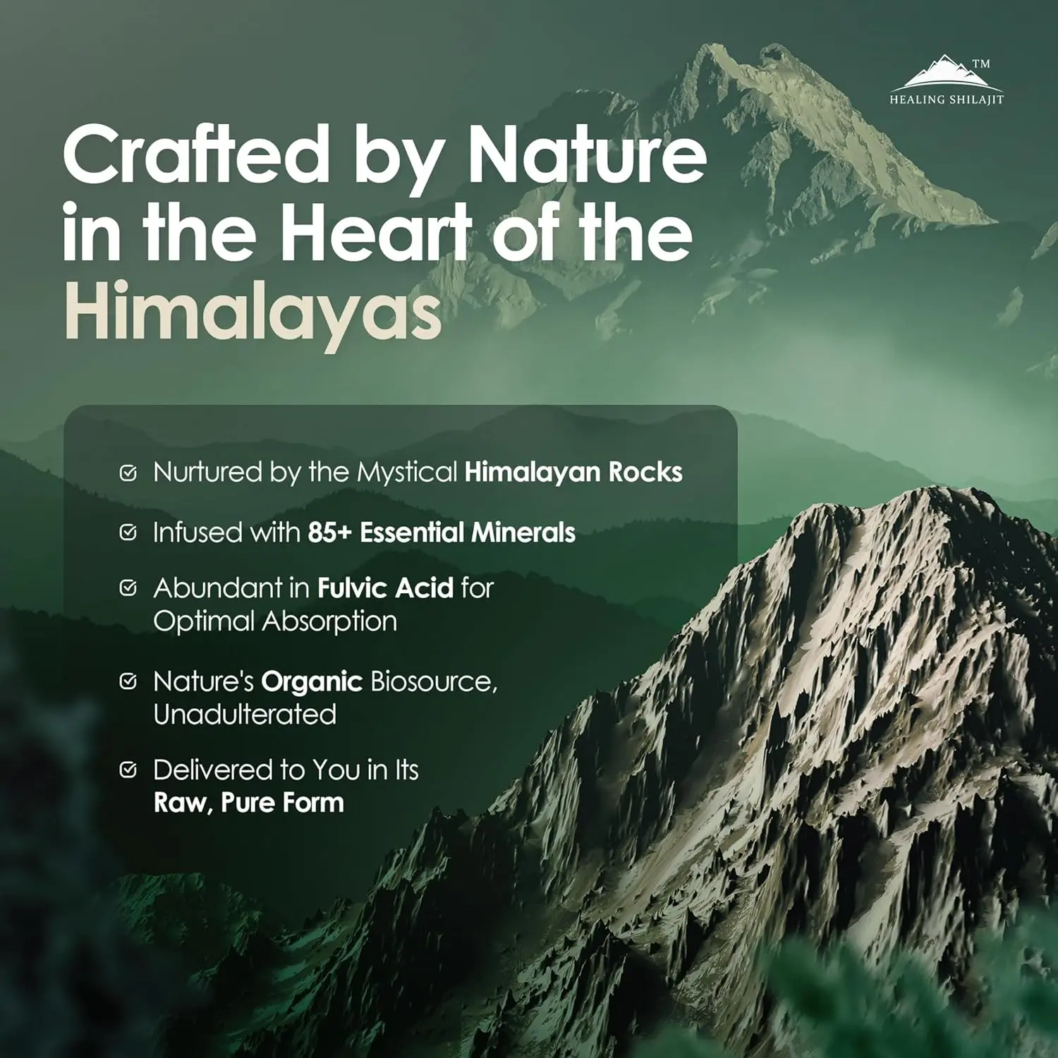 This is a close-up image of sun-dried Himalayan Shilajit resin, ethically harvested and third-party tested for purity, showcasing its rich mineral content and gold quality.