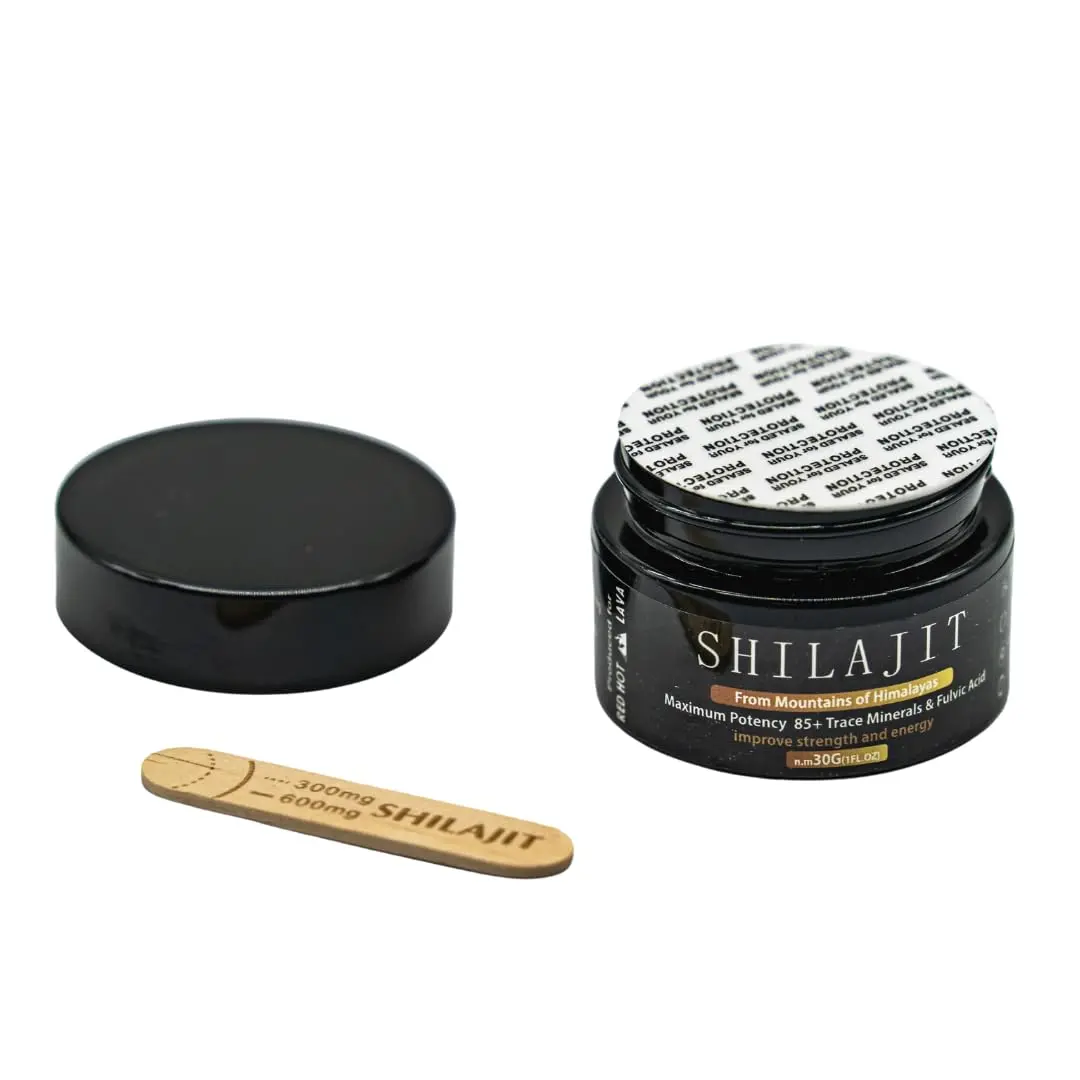 Potent Himalayan Shilajit resin rich in fulvic acid and trace minerals promotes vitality, energy, cognitive function, and overall well-being.