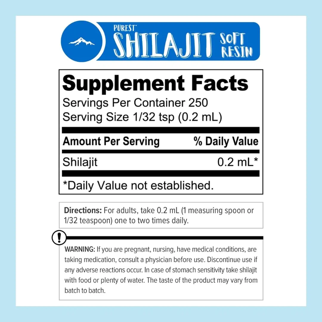 Jar of pure Himalayan Shilajit resin harvested at 16,000+ ft, with 85+ trace minerals and fulvic acid, includes measuring spoon.