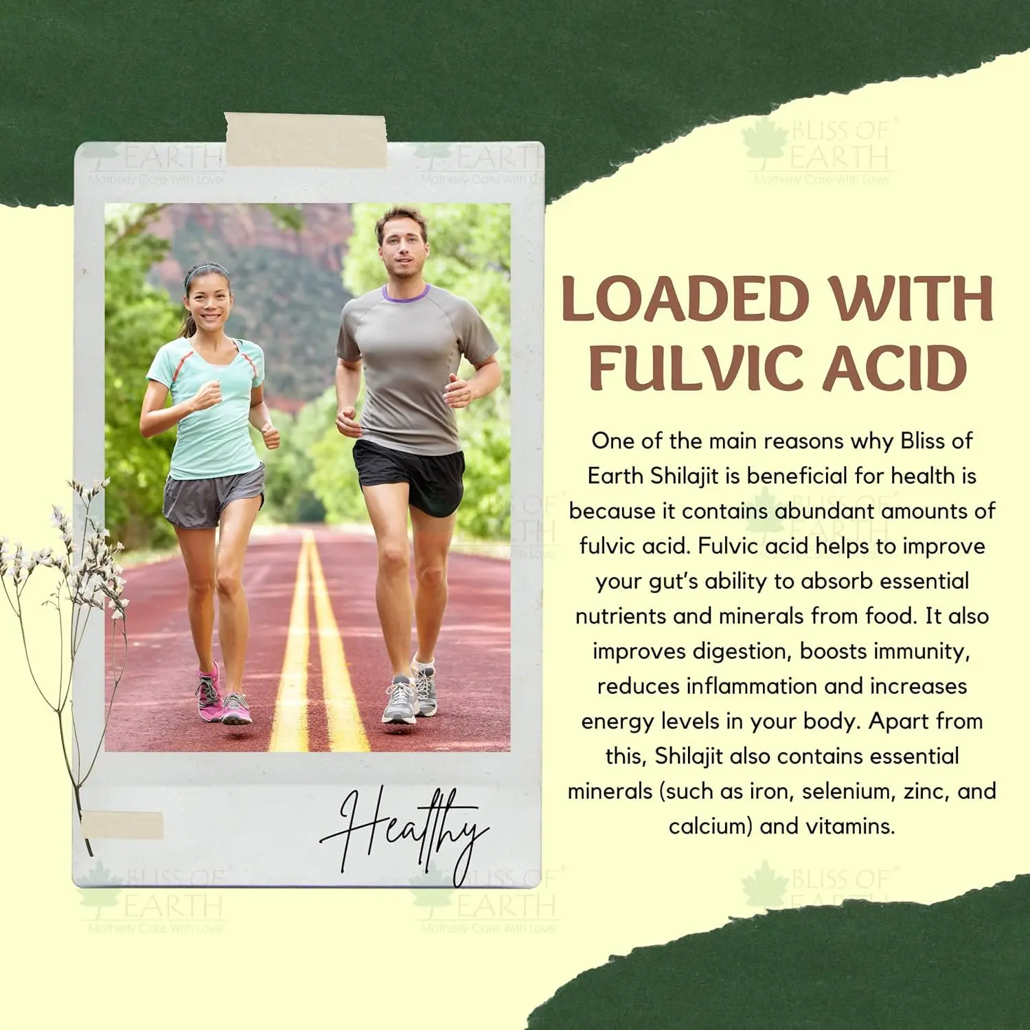 This jar contains Bliss of Earth pure Himalayan Shilajit resin, a natural supplement rich in fulvic acid, traditionally used to support energy, stamina, focus, and nutrient absorption for an active lifestyle.