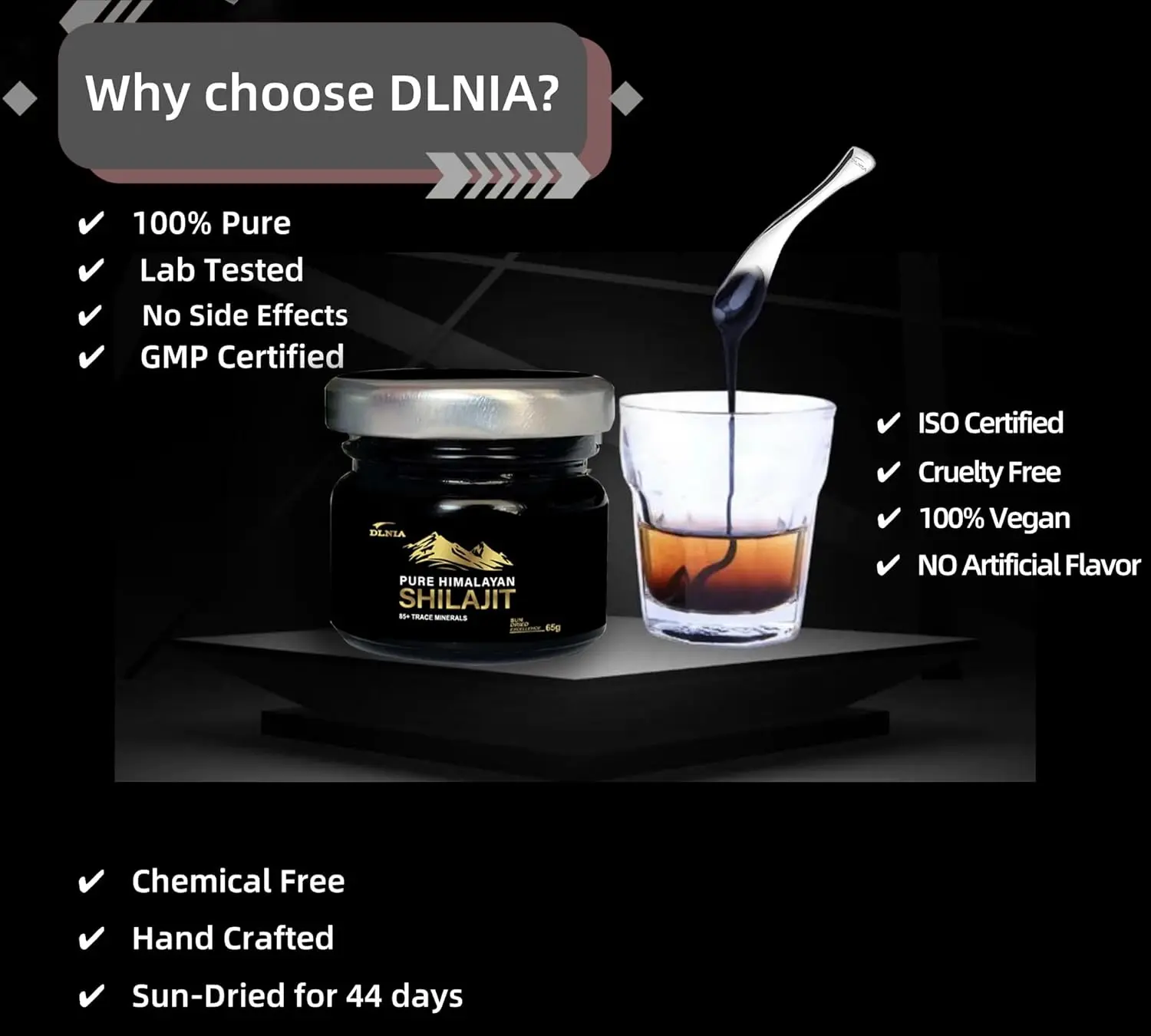 Jar of pure Himalayan Shilajit resin, an organic supplement with over 85 trace minerals like fulvic acid and zinc, sourced from high altitudes for improved energy and overall well-being.