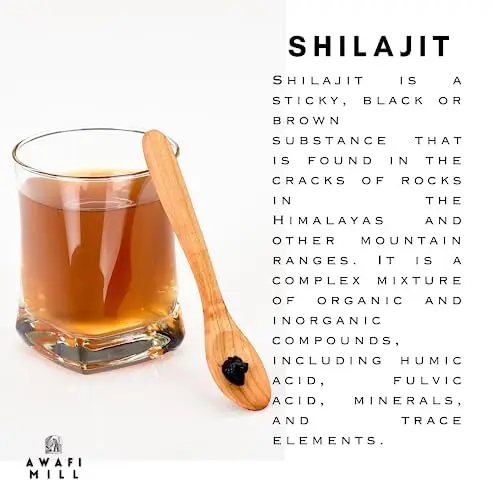 Dark brown Himalayan Shilajit resin chunks from Awafi Mill, ready to dissolve in warm water for a natural mineral supplement.