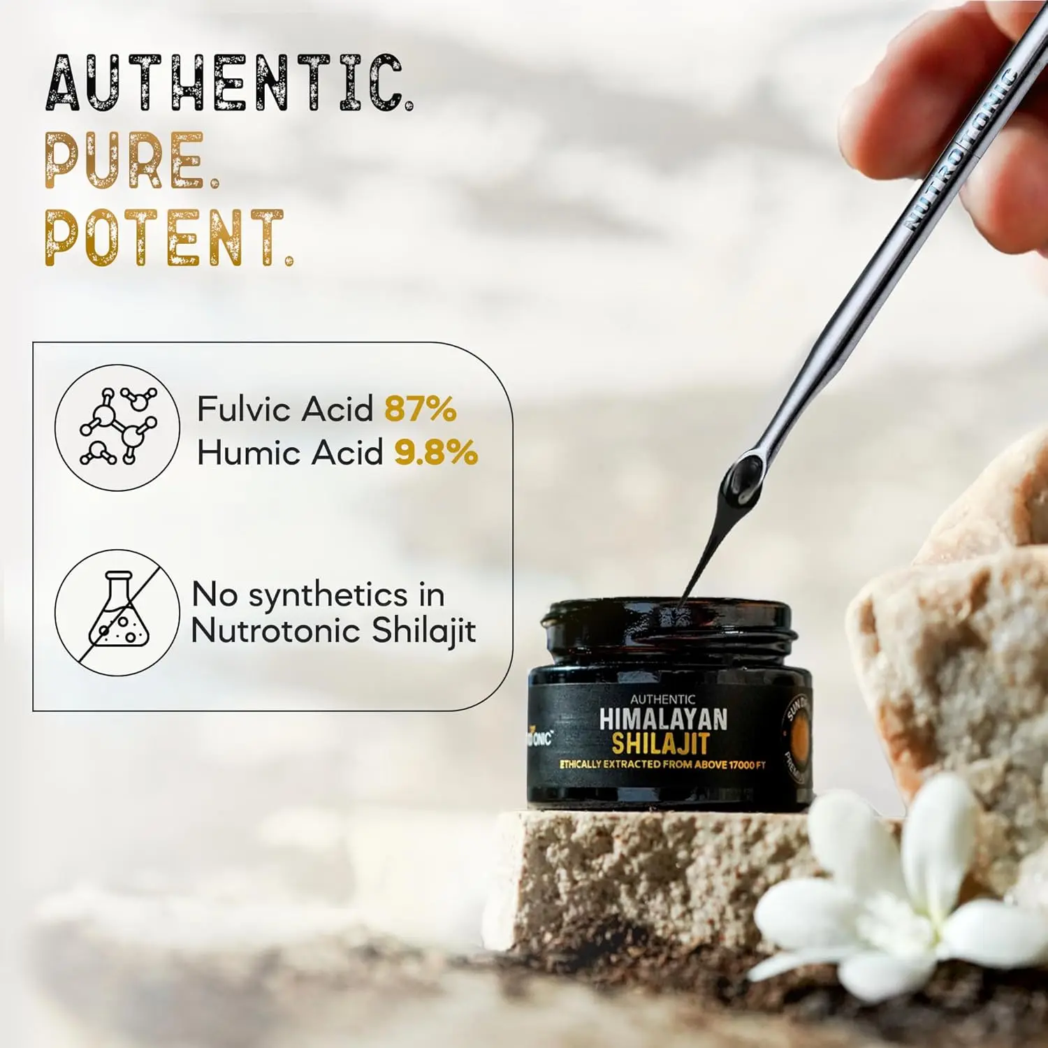 NutroTonic authentic Himalayan Shilajit resin is carefully sun-dried for 60 days, ensuring the highest potency and bioavailability for heart health, immunity, and athletic performance.