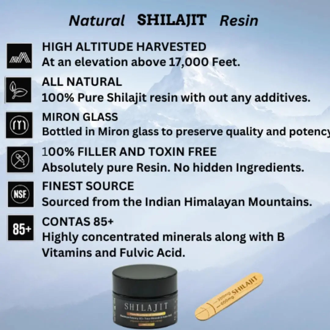 Potent Himalayan Shilajit resin rich in fulvic acid and trace minerals promotes vitality, energy, cognitive function, and overall well-being.