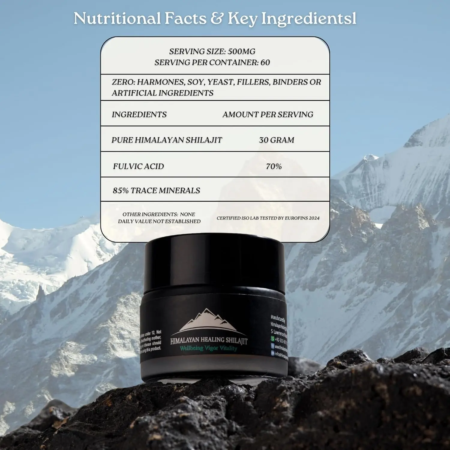 A jar of pure Himalayan Shilajit resin, a potent rejuvenator sourced from 16000 feet, known for its anti-aging properties.