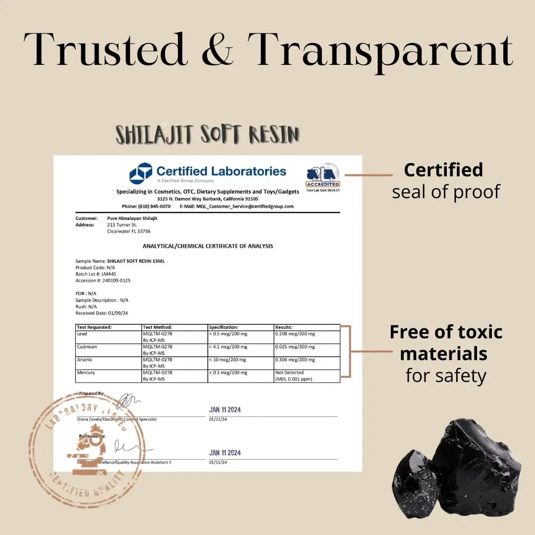 Jar of pure Himalayan Shilajit resin harvested at 16,000+ ft, with 85+ trace minerals and fulvic acid, includes measuring spoon.