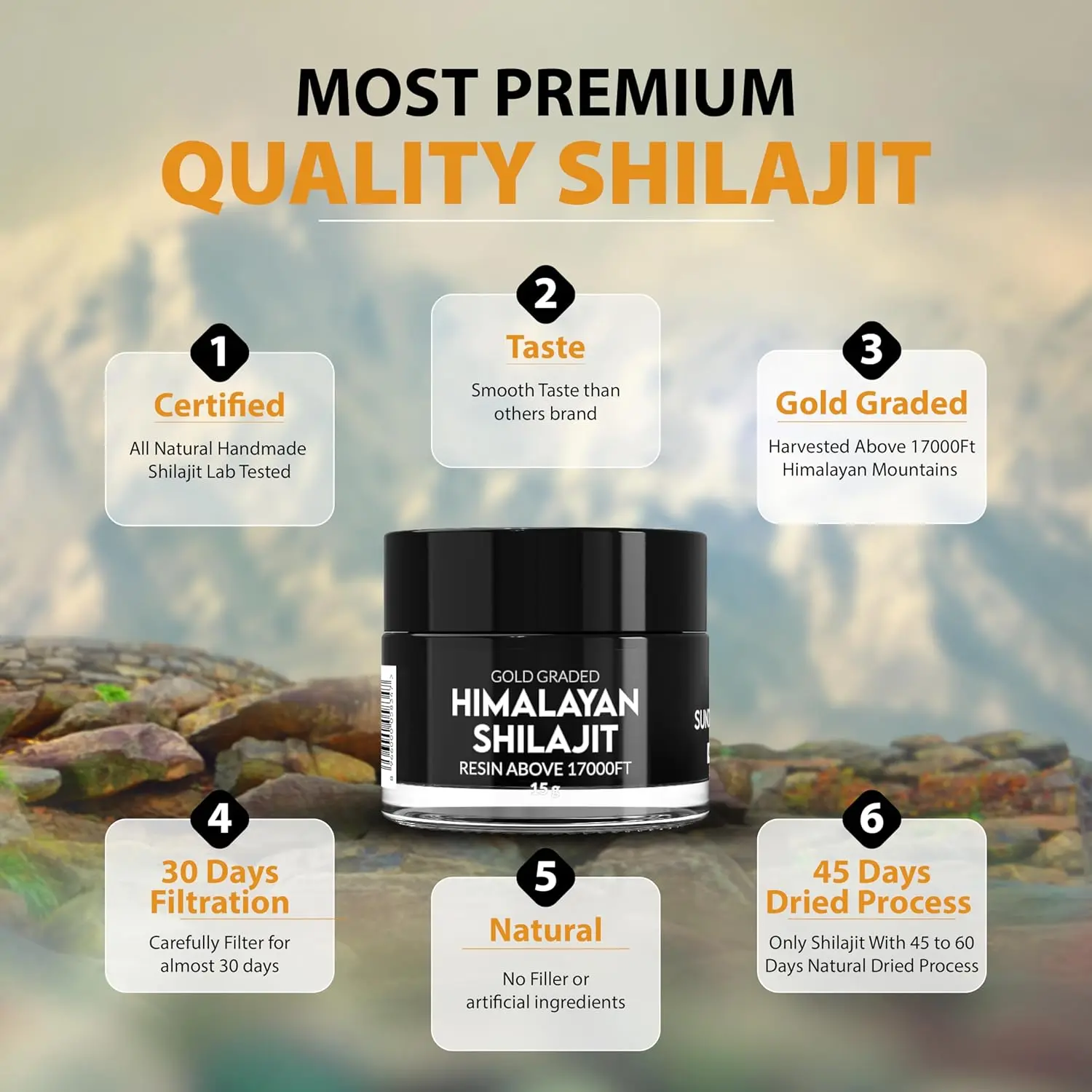 Jar of pure Himalayan Shilajit resin, rich in over 84 minerals and sourced from high altitudes.