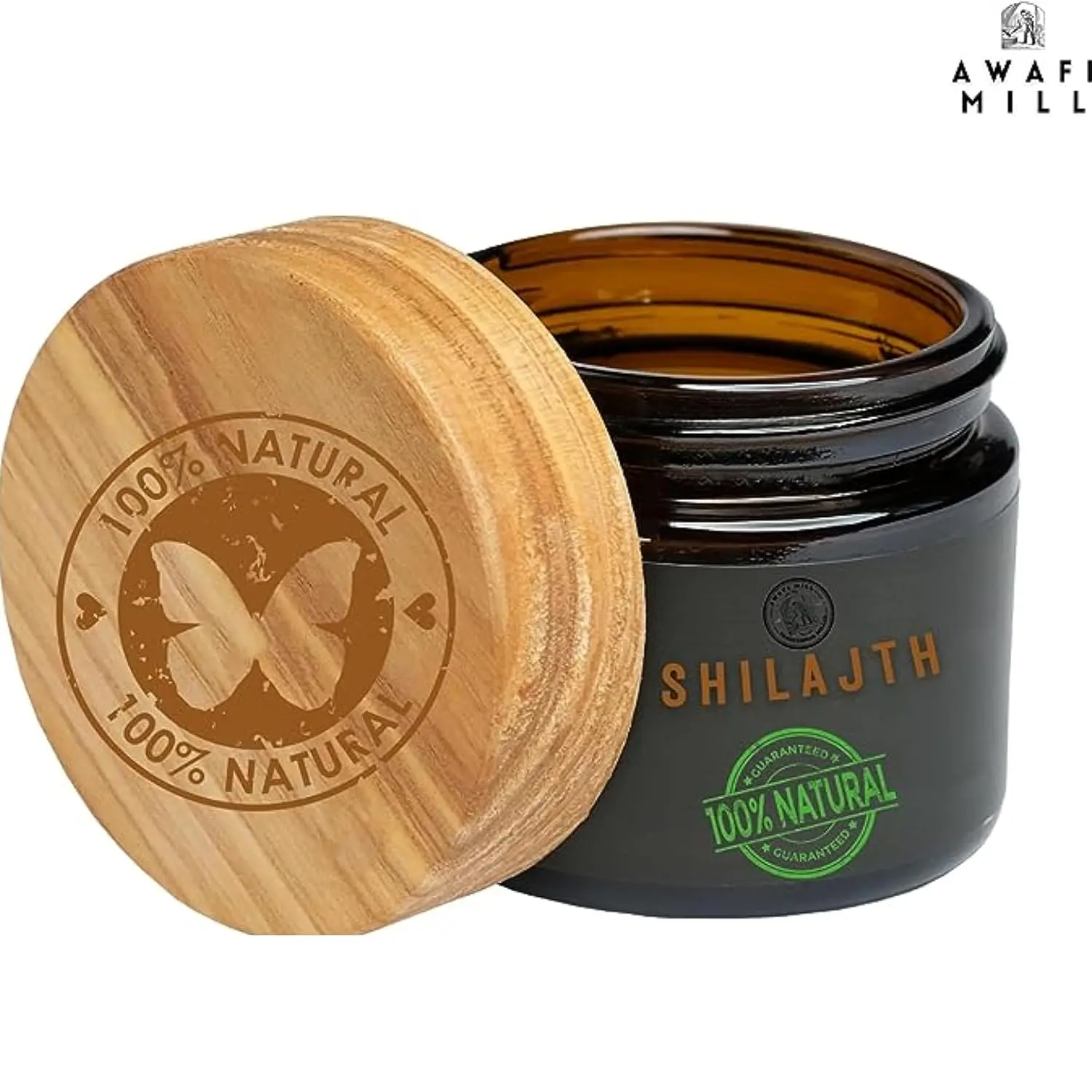 Dark brown Himalayan Shilajit resin chunks from Awafi Mill, ready to dissolve in warm water for a natural mineral supplement.