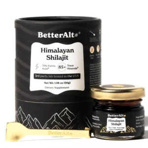 Better Alt pure Himalayan shilajit resin is a potent gold grade supplement for men and women, providing an energy boost and immune support with 85+ trace minerals and 75%+ fulvic acid.