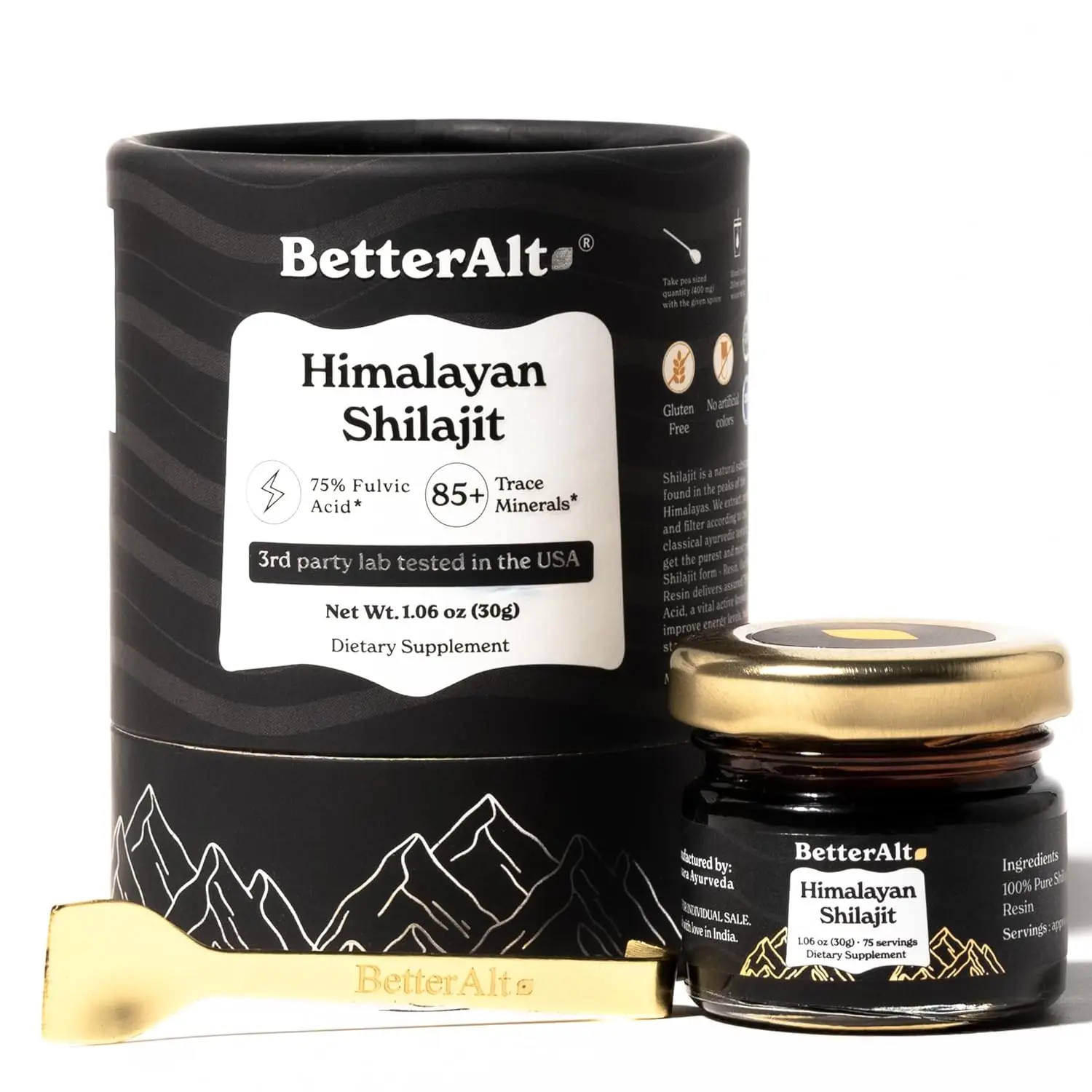 Better Alt pure Himalayan shilajit resin is a potent gold grade supplement for men and women, providing an energy boost and immune support with 85+ trace minerals and 75%+ fulvic acid.