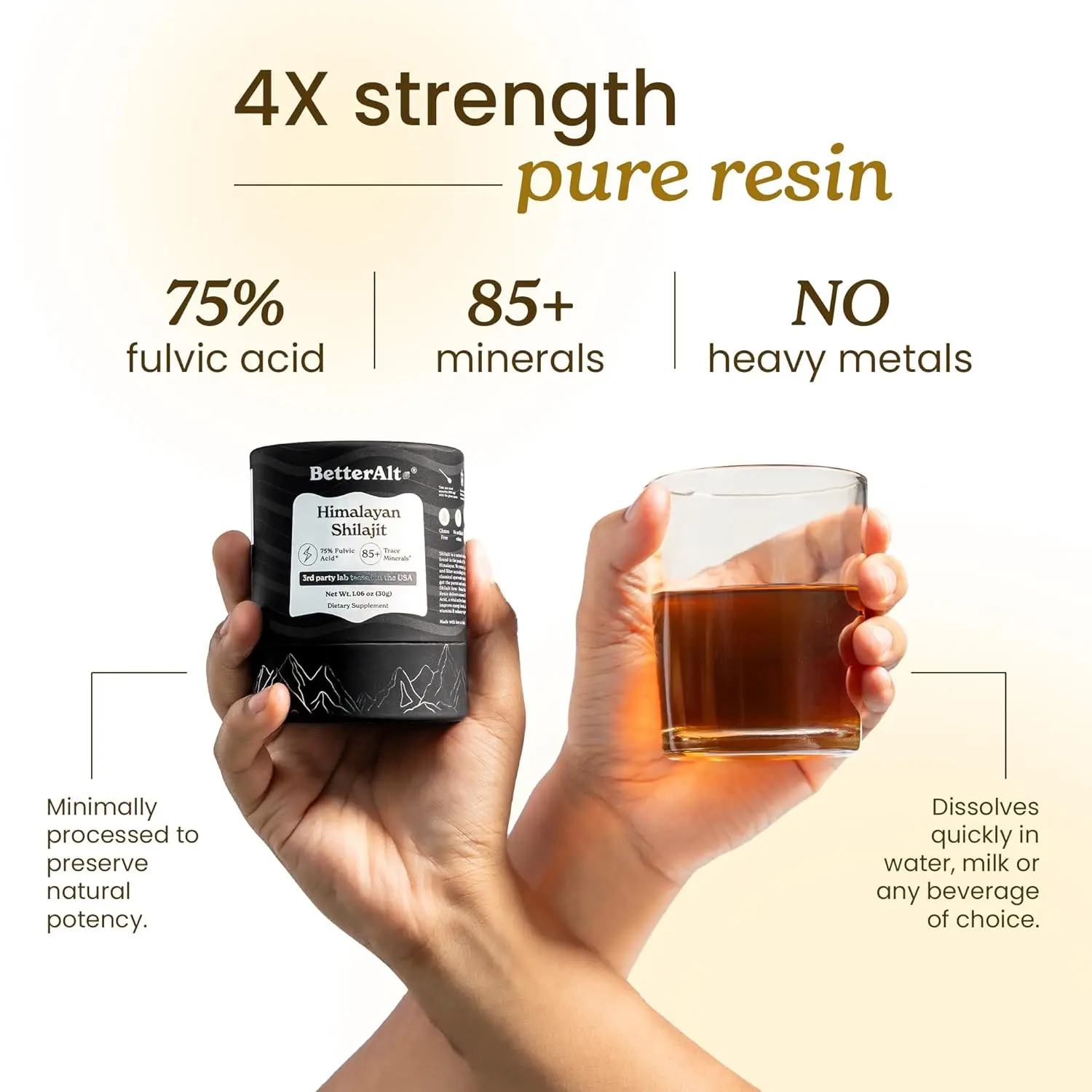Better Alt pure Himalayan shilajit resin is a potent gold grade supplement for men and women, providing an energy boost and immune support with 85+ trace minerals and 75%+ fulvic acid.