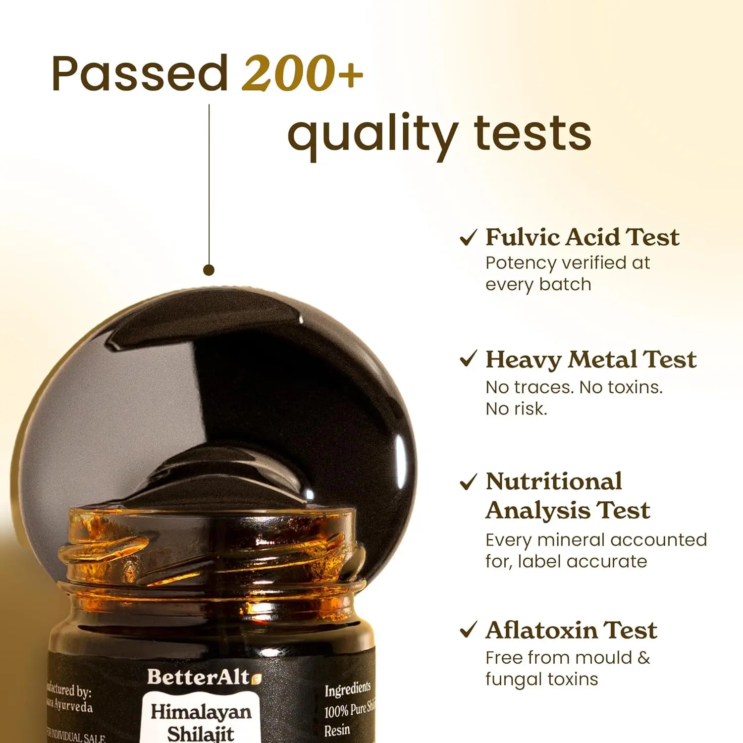 Better Alt pure Himalayan shilajit resin is a potent gold grade supplement for men and women, providing an energy boost and immune support with 85+ trace minerals and 75%+ fulvic acid.