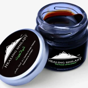 A 30-gram package of pure Himalayan Shilajit, known for its bitter taste and distinctive smell, sourced directly from Gilgit Baltistan Siachen in the Himalayas.