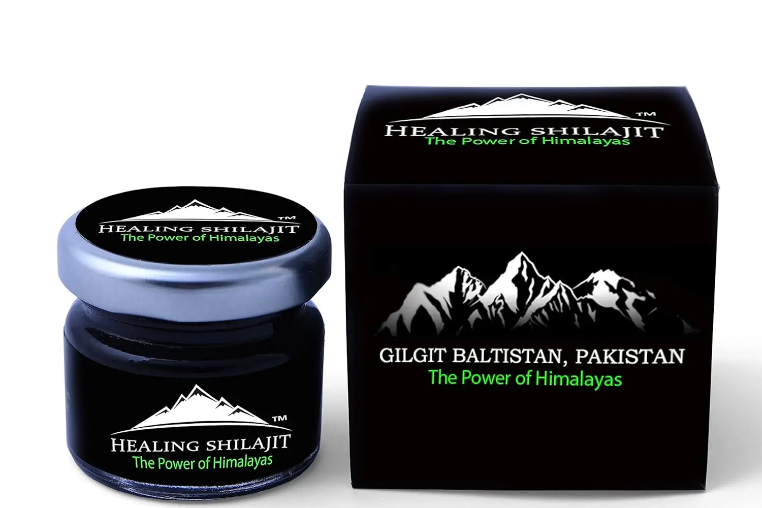 A 30-gram package of pure Himalayan Shilajit, known for its bitter taste and distinctive smell, sourced directly from Gilgit Baltistan Siachen in the Himalayas.