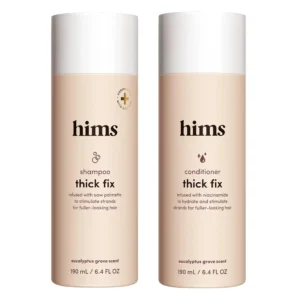 hims Thick Fix shampoo and conditioner with saw palmetto and niacinamide for fuller-looking hair is vegan, cruelty-free, and formulated without parabens or sulfates.