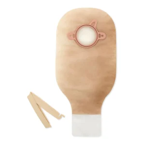 A transparent Hollister New Image drain pouch with a 1-3/4 inch beige flange, designed for use with compatible two-piece skin barriers and featuring ComfortWear panels.