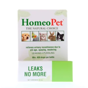 HomeoPet Leaks No More 15 ml bottle for managing pet incontinence.