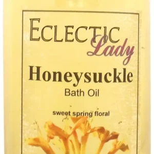 A 16 oz bottle of Eclectic Lady Honeysuckle Bath Oil, a phthalate-free sweetly fragrant spring floral scent.