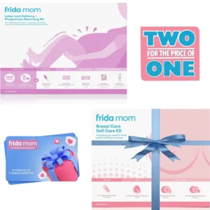 Hospital kit for postpartum recovery and breastfeeding includes peri bottle, underwear, ice maxi pads, witch hazel pads, healing foam, breast massager, warmers and masks.