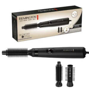The Remington hot air brush dries and styles short hair in one step with less heat, and includes 19 mm and 25 mm round brush attachments.