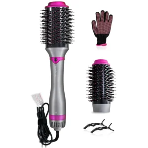This 4-in-1 hot air brush combines a hair dryer, straightener, curler, and comb, perfect for creating voluminous hairstyles on all hair types with its two interchangeable brush heads and three heat settings.