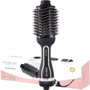 Black and gold hot air brush for drying, straightening, and styling hair with ionic technology for reduced frizz and added shine.