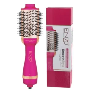 Pink hot air brush and hair dryer volumizer with ionic technology and ceramic coating for creating smooth, shiny hair.