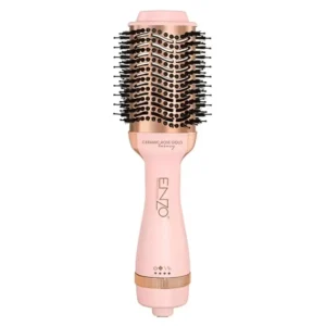 Pink 2-in-1 hot air brush and blow dryer with ceramic coated barrel and adjustable heat settings for easy hair styling.