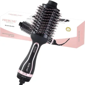Black REBUNE hot air brush dries, straightens, and curls hair while adding volume with negative ion technology.