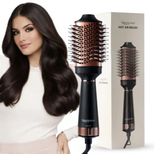 The MakeMeeBold hot air brush by Urban Yog dries and straightens hair quickly with adjustable heat, 360° airflow, and tangle-free bristles for professional results.