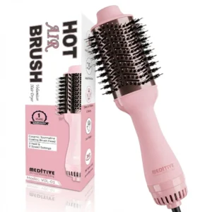 The MEDITIVE hot air brush volumizes and styles hair with ceramic tourmaline coating and ionic technology, offering 3 heat and 2 speed settings.