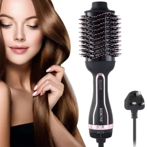 The REBUNE hot air brush combines a hair dryer, straightener, and curler with ionic technology for soft, shiny, and healthy hair.