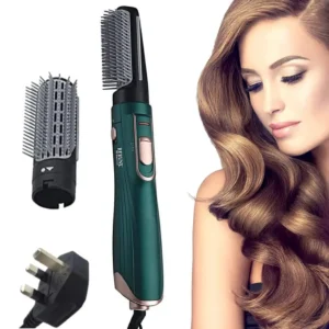 Green hot air brush styler with ceramic coating and ion technology for fast hair drying, straightening, and curling.