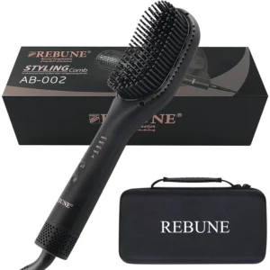 The REBUNE hot air hair straightener brush uses negative ion technology and PTC heating for smooth, frizz-free styles, combining a dryer, straightener and comb in one tool.