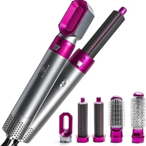 The 5-in-1 hot air hair styler offers multiple attachments for drying, curling, straightening, volumizing, and smoothing hair with controlled airflow and negative ions for reduced frizz and enhanced shine.