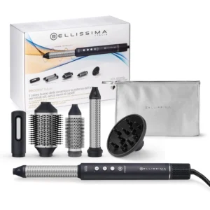 This hot air hair styler set includes five styling attachments, ceramic coating for even heat, and a silver storage bag for convenient organization.