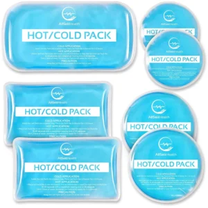 Seven reusable blue gel ice packs in varying sizes, providing hot and cold therapy for injuries.