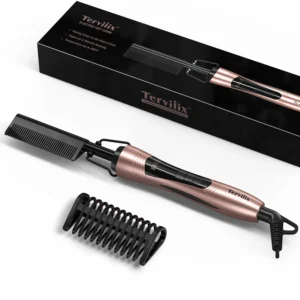 A hot comb designed for wigs and afro hair, featuring keratin and argan oil infused teeth and adjustable temperature settings.
